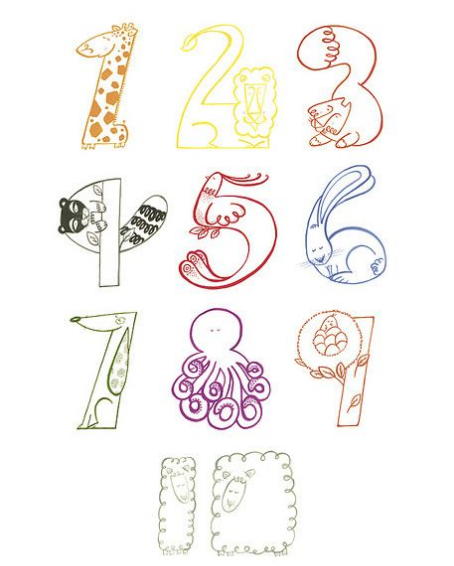 نقاشی های کودکانه اعداد انگلیسی از 0 تا 9 برای رنگ آمیزی